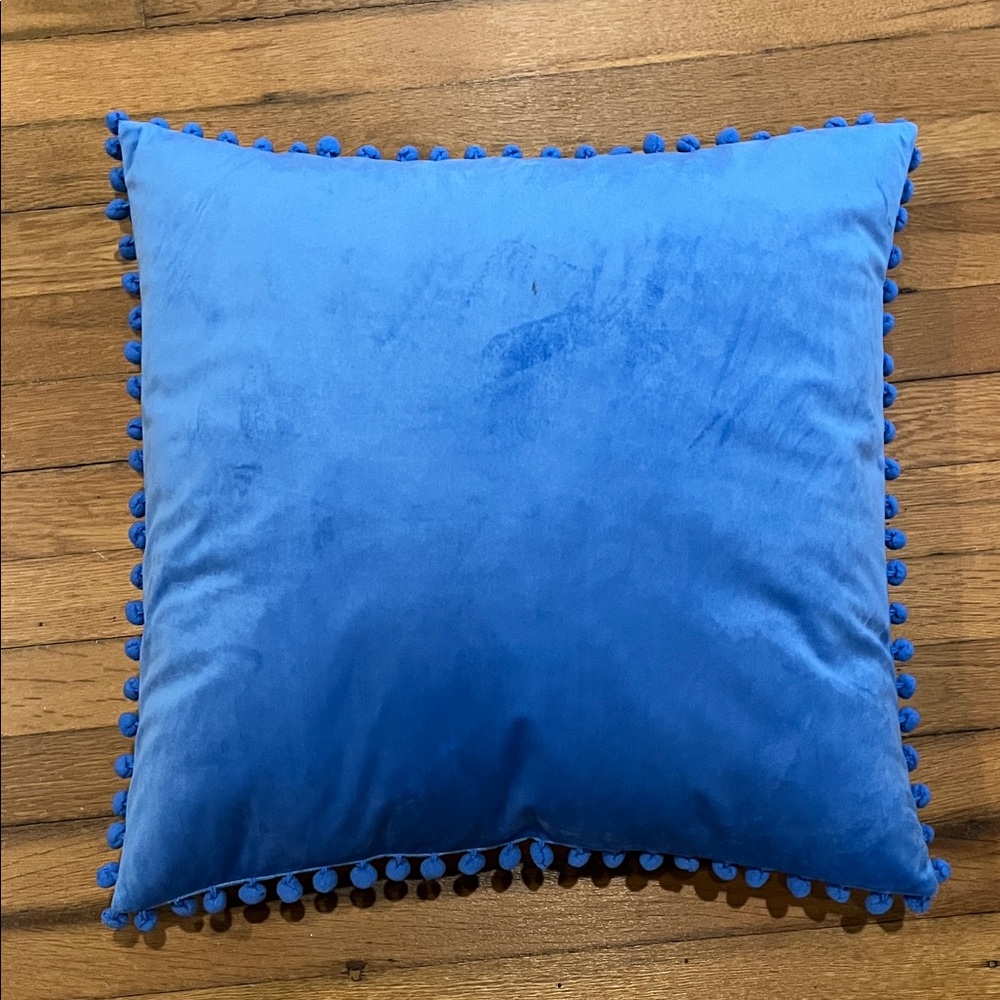 Elegant Sapphire Blue Accent Pillow with Pom-Pom Edges (selling as pair)